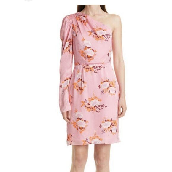 Les Reveries One Sleeve Pink Satin Floral Print Mini Dress size 0 - Picture 3 of 15